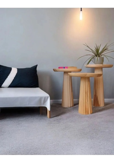 Ahşap 3 Lü Set Fitilli Mantar Yan Sehpa / Zigon Sehpa Vernikli / Wood Wooden Mushroom Side Table Kahverengi