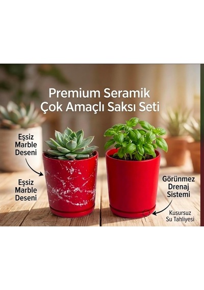 Newme 2'li Seramik Saksı Kalemlik,fırçalık,masa Organizeri / Modern Dekoratif El Yapımı Tasarım Kırmızı