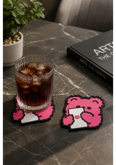 Kemboss Pembe Ayıcıklı Bardak Altlığı 2'li Set - Pvc Kaydırmaz Bardak Altlığı Kahve Kupa Çay Bardağı Altlığı Masa Koruyucu Çok Renkli