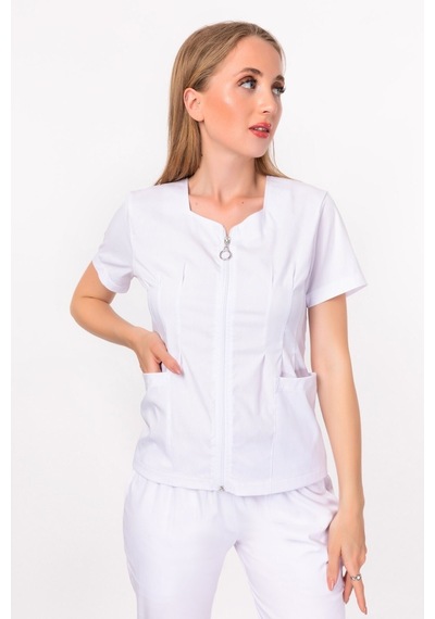 Beyaz Renk Lily Model Fermuarlı Soft Likra Doktor, Hemşire Cerrahi Üniforma Takım Beyaz Beyaz