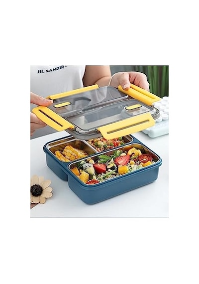 Vagonlife Bento 950ml Lunchbox Tek Katlı 3 Bölmeli Çelik Sefer Tası Yemek Kutusu Lacivert-sarı Diğer
