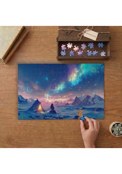 Kuzey Işıkları - Karlı Gecede Kamp Tasarımı 240 Parça Ahşap Puzzle Ahşap Kutuda Mpy60250