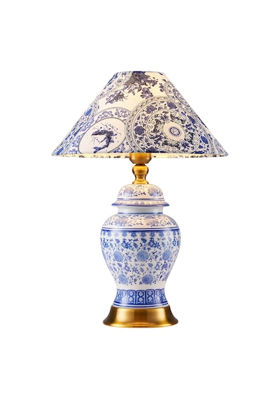 Sanwi Blue Blanc Desenli Seramik Oturma Odası Salon Abajur Lacivert