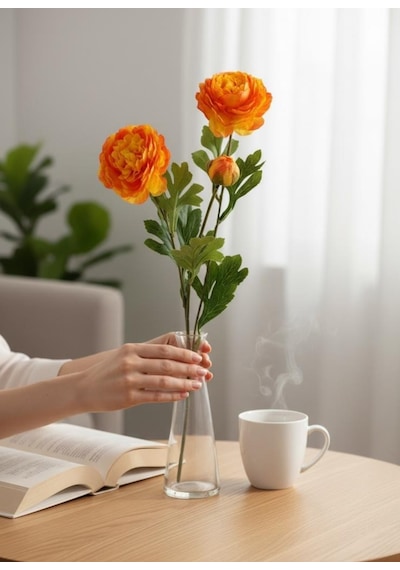 Yapay Çiçek Şakayık Çiçeği Somon Renk 2 Çiçek 1 Tomurcuk 50cm Turuncu