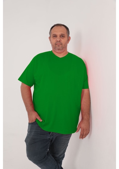 Big Nona Erkek Büyük Beden Unisex T-shirt V Yaka Koyu Yeşil