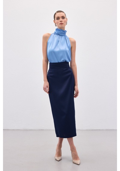 Sateen Bel Pile Detaylı Saten Etek - Lacivert-136551 Lacivert