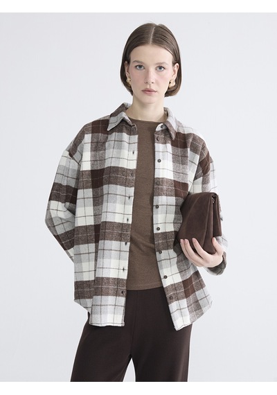 Lcwaıkıkı Classic Kahverengi Ekose Oversize Kadın Gömlek