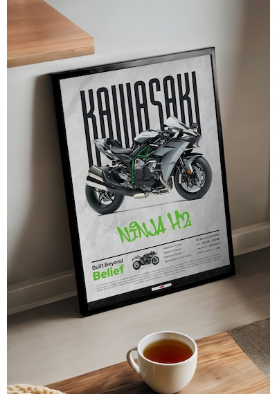 Kawasaki Ninja H2 Siyah Ahşap Çerçeveli Poster, Dekoratif Motosiklet Duvar Tablosu