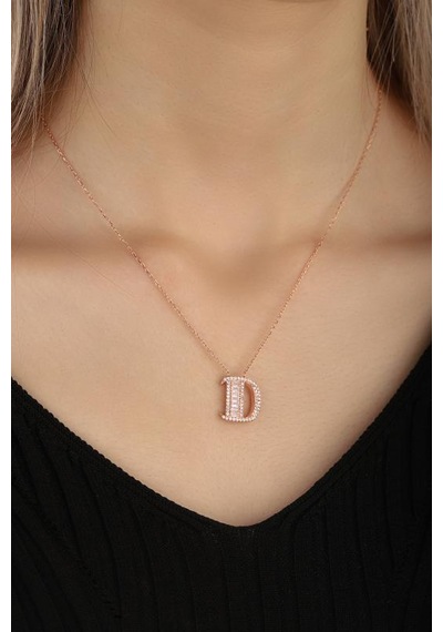 Baget Taşlı Pırlanta Model Gümüş Harf Kolye Rose Gold