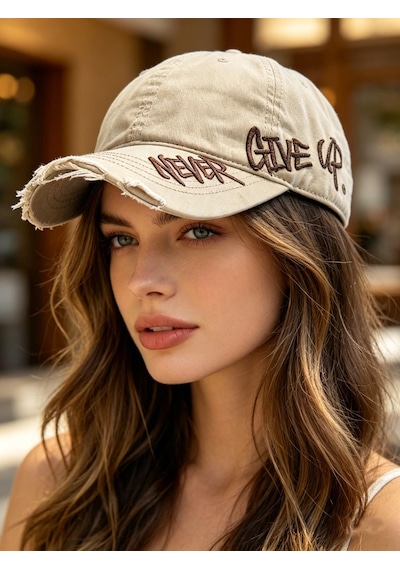 Valkyrie Unisex Bej Never Give Up Nakışlı Baseball Şapka Ayarlanabilir Vintage Streetwear Spor Kep