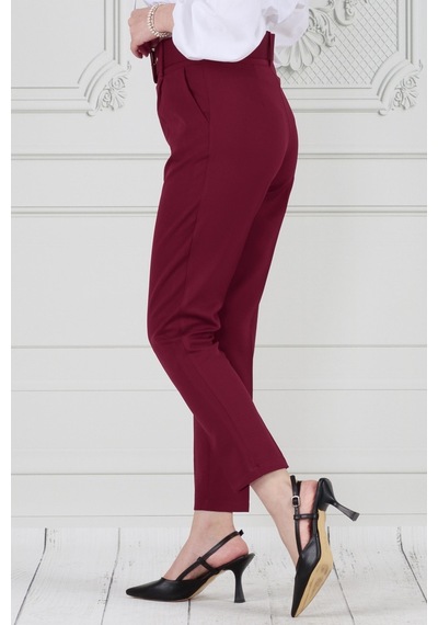 Sevitli Beli Kemerli Pileli Kalem Pantolon-bordo-3679-bordo Bordo