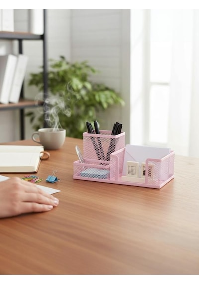 Need Nd-1033 Metal Mesh Masaüstü Organizer 3 Bölmeli, Çok Amaçlı Düzenleyici Pembe