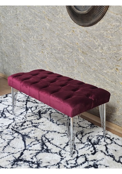 Zafir Krom Tel Ayaklı 90 Cm Puf Bench - Puf - Bench - Kasalı Oturak - Oturak - Yatak Ucu Puf Bordo