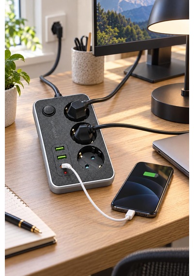 Termal Akım Korumalı Uzatma Kablosu 2 Metre Kablolu 3 Lü Priz 3 Usb Giriş 2.1 A Isıya Dayanıklı Çocuk Koruması 2500watt Ev Ofis