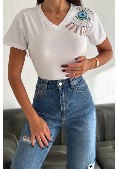 Femelle Kadın Beyaz V Yaka Omzu Nakış Ve Pul Payet İşlemeli %100 Pamuk T-shirt