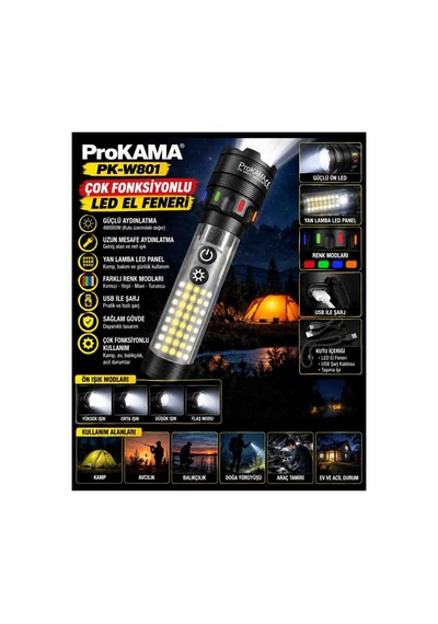 Prokama Pk W801 Çok Fonksiyonlu Şarjlı Led El Feneri Güçlü Ön Işık Yan Led Aydınlatma Usb Çok Renkli