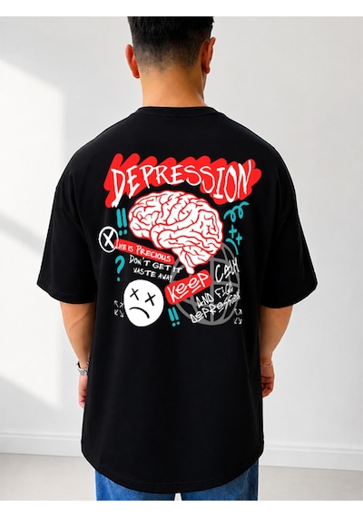 525 Oversize Sırt Baskılı Streetwear Unisex T-shirt Depression Siyah