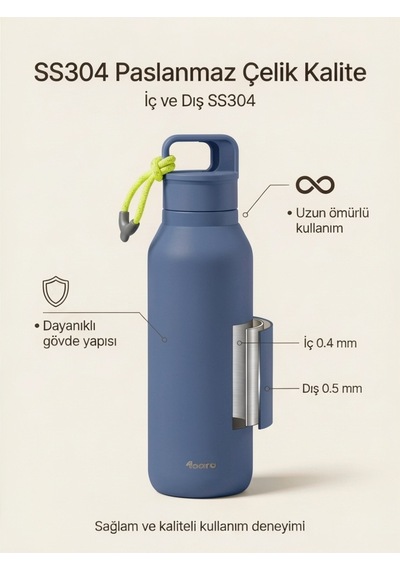 Çelik Termos 560 Ml Paslanmaz Çelik Çift Duvarlı Sızdırmaz Kapaklı Askılı Taşınabilir Sıcak Soğuk Termos - Mavi Lacivert
