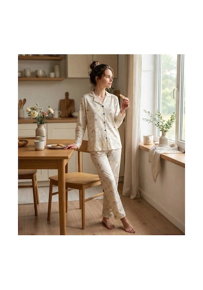 Pijamoni Kadın Premium Milan Kumaş Gömlek Yaka Uzun Kollu Pijama Takımı Desenli Sarı