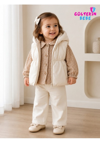 Hippıl Baby Ekose Gömlekli Kız Şişme Yelekli Üçlü Takım 9-24 Aylık -ba462578646 - Beyaz