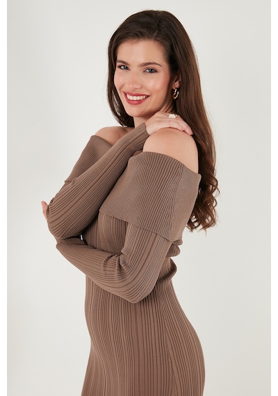 Lela Premium Fitilli Carmen Yaka Slim Fit Midi Boy Triko Bayan Elbise 680El00033 Vizon Lela Premium Fitilli Carmen Yaka Slim Fit Midi Boy Triko Bayan Elbise 680El00033 Vizon