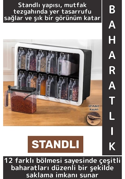 Dayanıklı Sert Plastik Şeffaf Kaplı Mutfak Çok Şık Modern Standlı Kaşıklı 12'li Özel Baharatlık Seti Çok Renkli