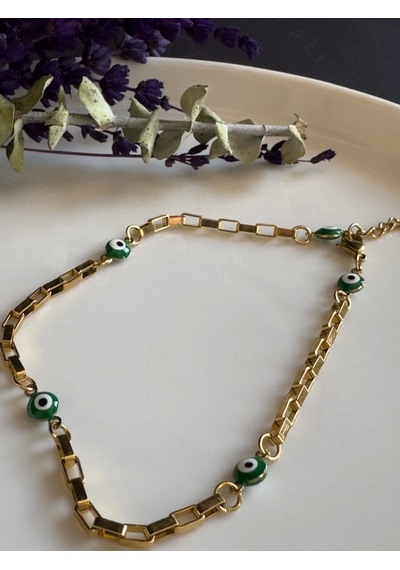 Sevgili Takı Yeşil Nazar Boncuklu Gold Çelik Halhal Allure Serisi Altın
