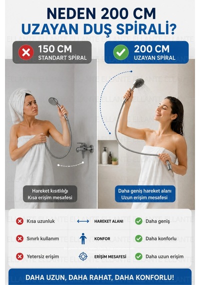 200-220 Cm Uzayan Özel Duş Spirali Banyo Duş Hortumu Dayanıklı Esnek 2 Metre 2m Çok Renkli