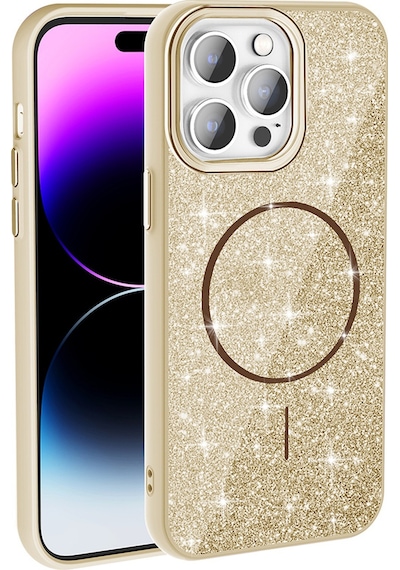 Goocamp Apple Uyumlu iPhone 14 Pro Max Kılıf Magsafe Şarj Özellikli Parlayan Simli Okso Kapak - G Gold