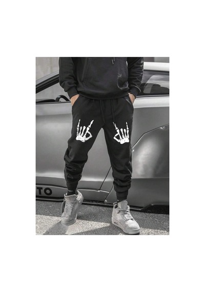 Tarzsokak Halloween Skeleton Hand Print Drawstring Waist Eşofman Altı Siyah