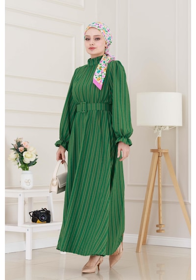 Sevitli Kolu Volanlı Kemerli Henna Elbise-yeşil-5059 Yeşil