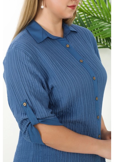 Lady Majestic %100 Cotton Büyük Beden Kadın Müslin Kumaş Gömlek Mavi