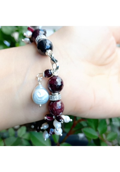 Sibelce 2687 Garnet Doğal İnci Zirkon El Yapımı Bileklik Bordo