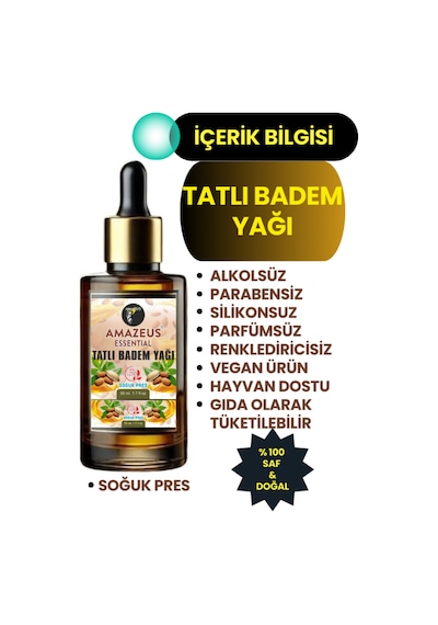 Amazeus Tatlı Badem Yağı %100 Saf Ve Doğal Besleyici Etki 50 Ml / 1.7 Fl Oz 20 ML
