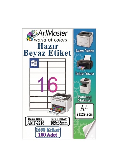 A4 Hazır Beyaz Etiket 105x35mm 100 Sayfa 1 Paket 16 Lı Kendinden Yapışkanlı Fotokopi Lazer İnkjet Kağıdı Yazıcılar İçin
