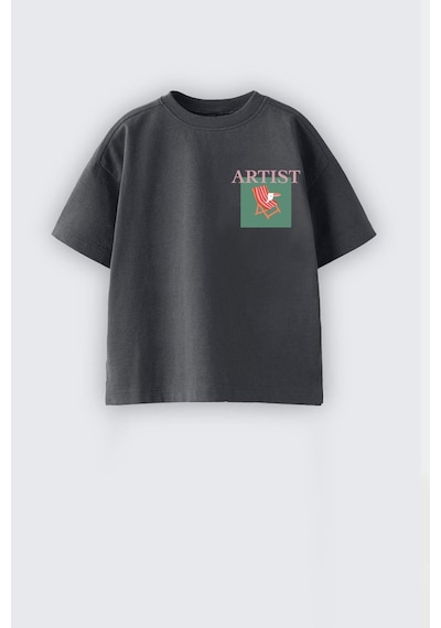 Monila Unisex Pamuklu Bisiklet Yaka Baskılı T-shirt Füme