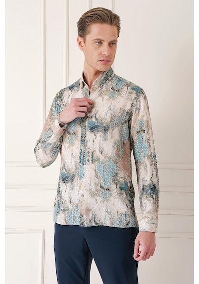 Efor Comfort Fit Düğmeli Yaka Batik Desenli Pamuk Mint Gömlek G 1566 Mint