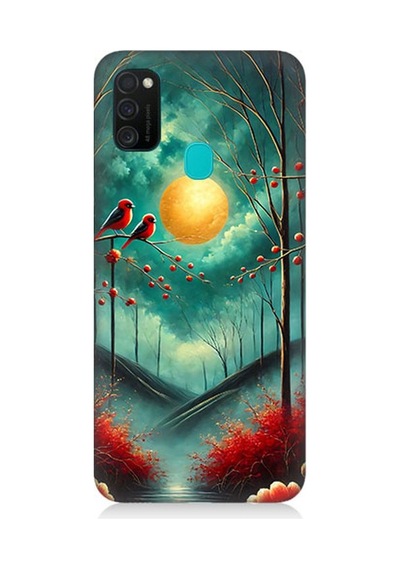 Samsung Galaxy M21 Uyumlu Ay Işığında Kırmızı Kuşlar Desenli Silikon Kılıf Çok Renkli