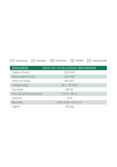 Ortec Lifepo4 Batarya 60v 15ah