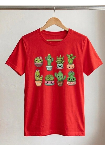 Kadın Oversize Sevimli Kaktüs Baskılı Kompak T-shirt Kırmızı