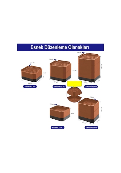 Tineke Robot Süpürge Mobilya Ayağı Ve Dolap Yükseltici Ayak Kaydırmaz 4lü Kahverengi Kare 10.5 Cm