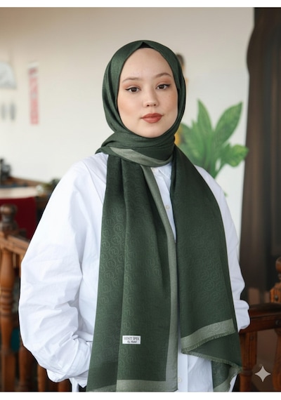Premium Lux Original Monogram Şal İpek Vual, Yüksek Kalite, Hafif, Rahat, Şık, Tesettür, Shawl Haki - Yeşil