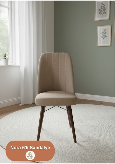 Nora 6 Adet Sandalye - Keten Kumaşlı Sandalye Modern Ahşap Ayaklı Yemek & Çalışma Sandalyesi Minimal Tasarım Cappuccino