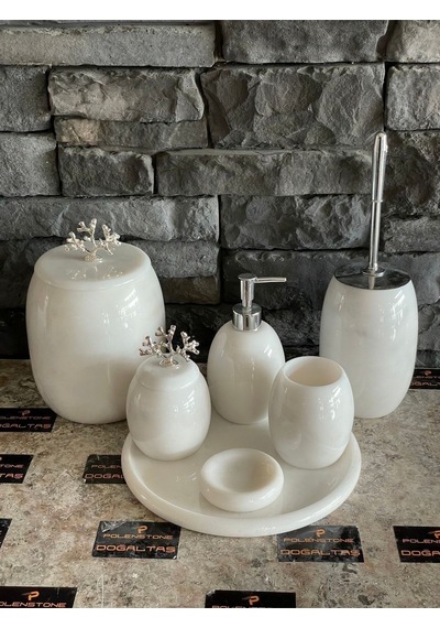 Beyaz Doğal Mermer Gümüş Mercan Aksesuarlı Oval 7,li Banyo Seti Beyaz