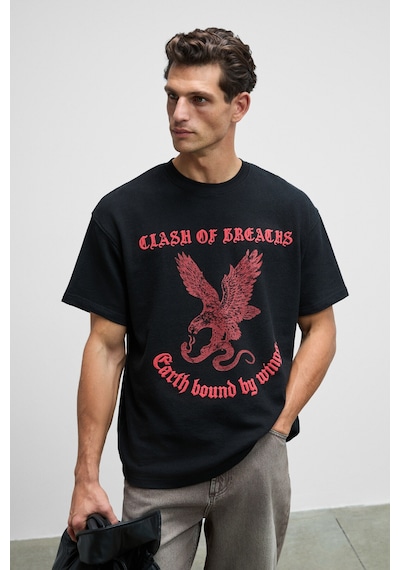 Grimelange GUSI Erkek Önü Kabaran Baskılı %100 Organik Pamuk Oversize Fit Bisiklet Yaka Siyah T-Shirt