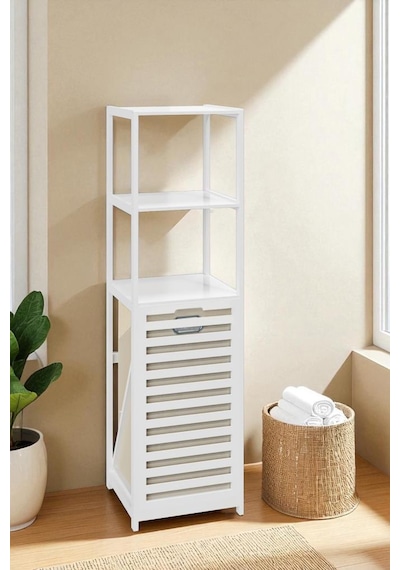 Digithome Bambu Beyaz Mat Lake Kirli Sepetli 3 Raflı Banyo Düzenleyici Çamaşır Sepeti Db-0019 Kahverengi