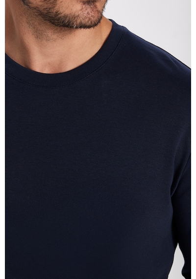 Tudors Unisex Relax Fit Rahat Kesim %100 Pamuk Uzun Kollu Bisiklet Yaka Lacivert Basic Tişört-32655 Lacivert