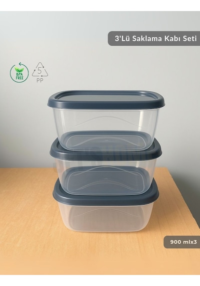 3'lü Saklama Kabı Seti Kare Erzak Kabı Bpa Free Derin Dondurucu İçin Uygun 900 Ml Şeffaf