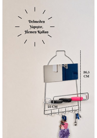 Parlak Silver Modern Duvar Anahtarlığı Raflı, Askılı Organizer, Aynalı Yapışkanlı, Montaj Gerektirmez Gümüş