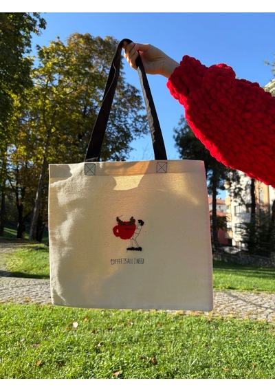 Bolergıashop Coffee Tasarım Canvas Omuz Çantası Bej Punch İşleme